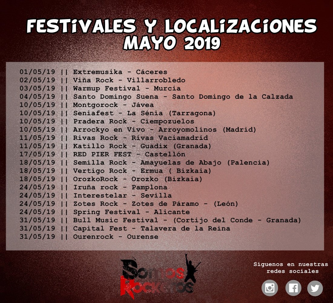 somosrockeros's tweet photo. FESTIVALES Y SUS LOCALIZACIONES || MAYO 2019
@WARMupfestival #seniafest #praderarock #arrockyo @RivasRockFest @KatilloRock @redpierfestival #semillarock @VertigoRock_ #orokzorock @IrunaRock @InterestelarSev @zotes_ #springfestival @festbullmusic @OURENROCKsound ... https://t.co/c7hmLTDrUn