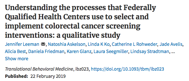 Congratulations to Leeman et al. on newest publication aiming at understanding the processes that #FQHCs use to select & implement #CRCscreening interventions! Be sure to read it here: doi.org/10.1093/tbm/ib… 
@corp_UNC @UNC_Lineberger @UNCDeptMedicine @uncsheps @theNCI @UNC_GIM