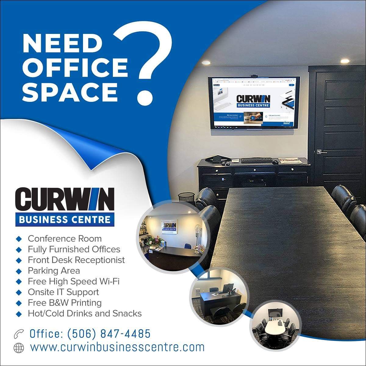 Need Office Space? Board Room Rental, Conference Room, Find Out More!
Your Success Is Our Success.
CurwinBusinessCentre.com
➡️ lnkd.in/eJ2vFva
.
.
#officespacerental #officespace #quispamsisnb #boardroomrental #conferenceroomservices #businesscentre #webdesign