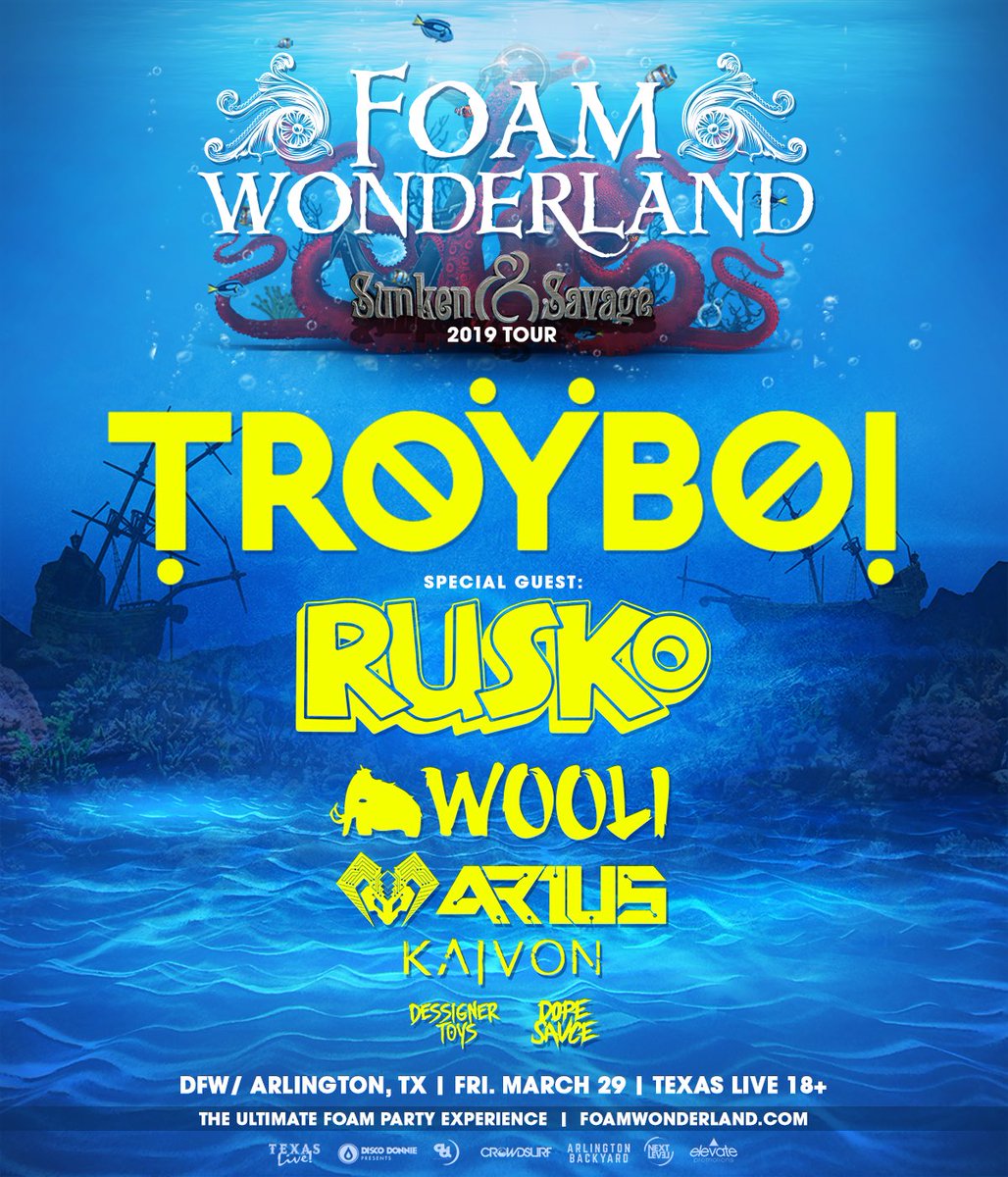 FoamWonderland's tweet photo. ⚓️ DFW/ ARLINGTON, TX! Please welcome your openers joining Troyboi, Rusko, Wooli, Arius, &amp; Kaivon: #DesignerToys and #DopeSauce! Gates open at 7PM this Friday 🎶💦🔥

TICKETS ➙ https://t.co/ebVdKeg1u5 https://t.co/wHgCB0zfvw