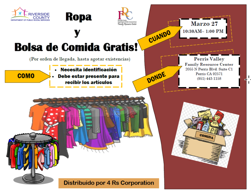 RivCoDPSS's tweet image. FREE FOOD &amp;amp; CLOTHES: Come by next week to the Perris Valley Family Resource Center March 27th from 10:30 am-1:00 pm for this first come first serve give away!!! #free #PerrisEvents #RiversideDPSSCares