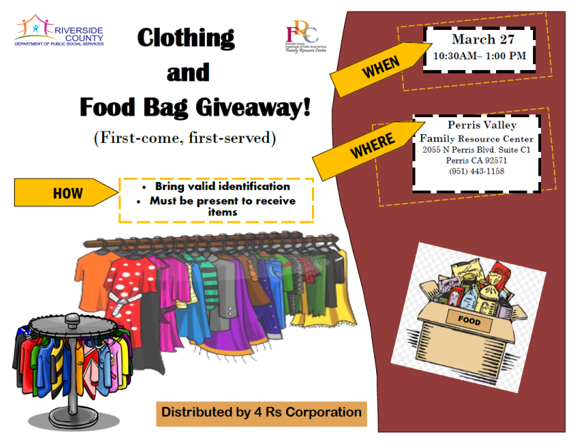 RivCoDPSS's tweet image. FREE FOOD &amp;amp; CLOTHES: Come by next week to the Perris Valley Family Resource Center March 27th from 10:30 am-1:00 pm for this first come first serve give away!!! #free #PerrisEvents #RiversideDPSSCares
