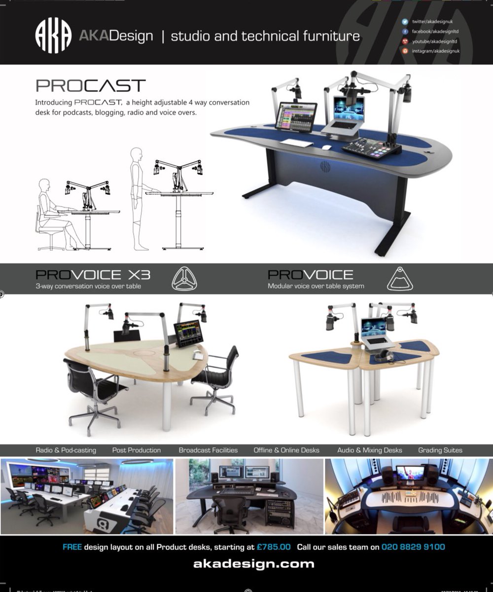 AKAdesignuk's tweet photo. Introducing the ProCast and ProVoiceX3 our new range of desks for Podcasting, Radio and Voice-Over environments. #sitstand #podcastdesk #studiofurniture #voiceovers #blogging #studiodesk #radiodesk #studio #sounddesk https://t.co/bzBGEnNUMs