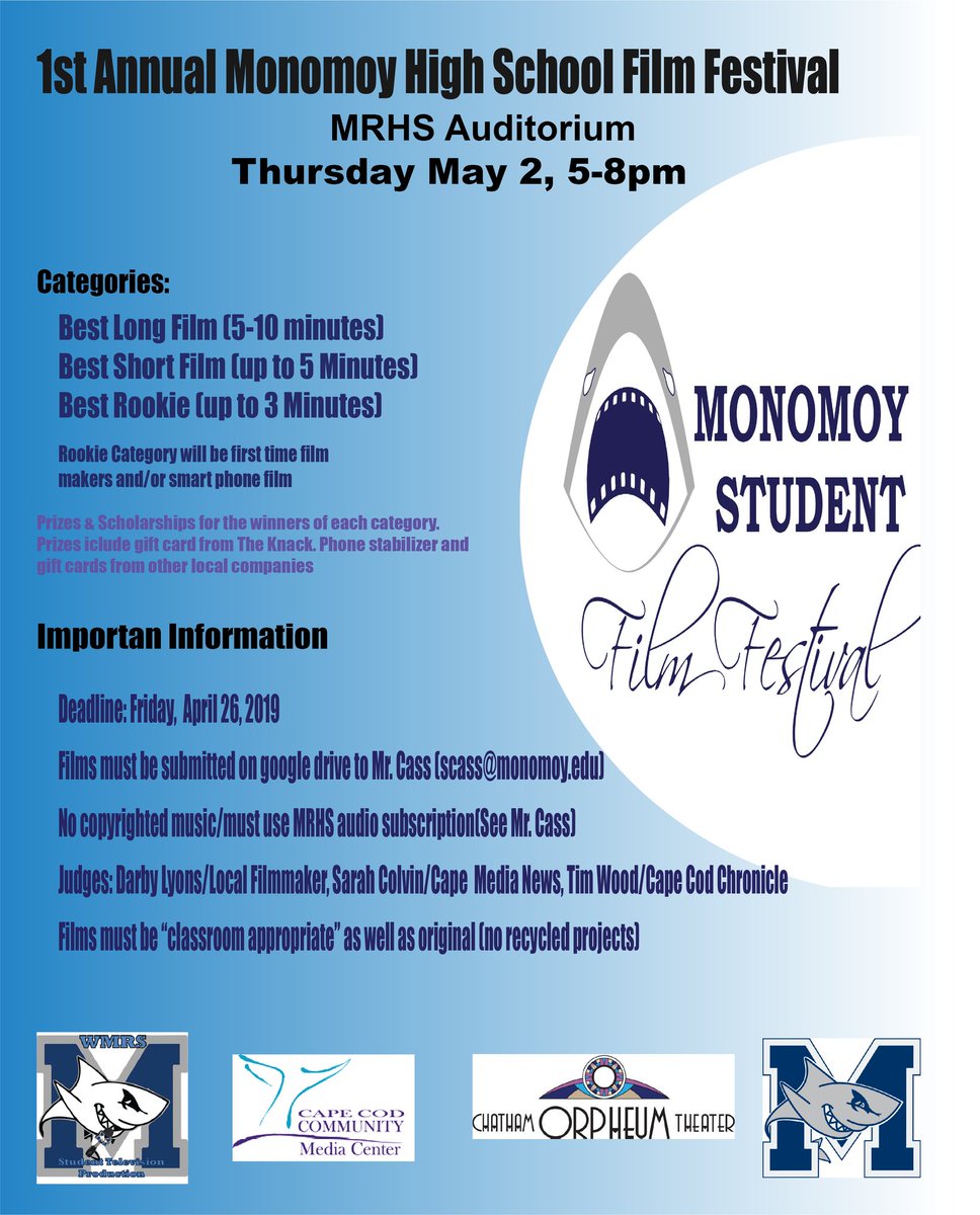 MRHS #Filmfest is open to any Monomoy students. Winners will have opportunity to have film screened <a href="/ChathamOrpheum/">Chatham Orpheum</a> great prizes for the winners. Check out the rules below. This is a partnership with <a href="/CapeCodMediaCtr/">CapeMediaCenter</a> <a href="/ChathamOrpheum/">Chatham Orpheum</a>