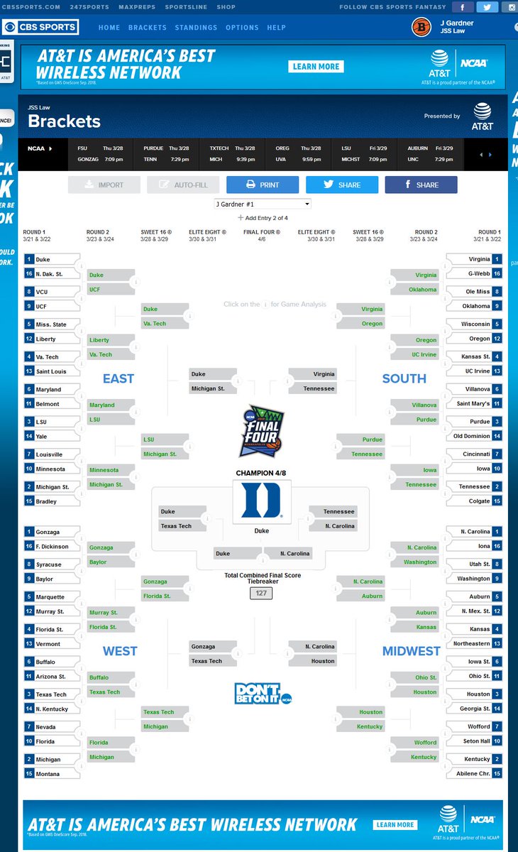 JeffGardnerLaw's tweet photo. @Daniel_Wilco Not so fast on brackets!  Here is my CBS Sports bracket; still perfect! https://t.co/r1tCNybFM4