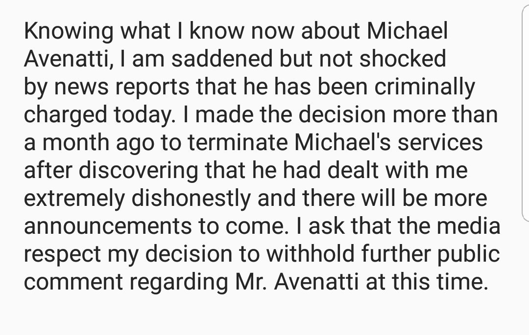My statement regarding my former attorney Mr. Avenatti.. https://t.co/9aKYCPNN6y