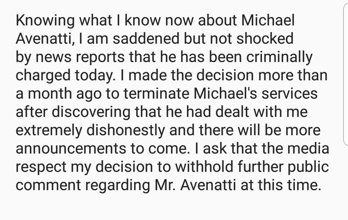 My statement regarding my former attorney Mr. Avenatti.. https://t.co/9aKYCPNN6y<a href="/tag/fortheloveofdilfs"class="tags"><span>#fortheloveofdilfs</span></a>