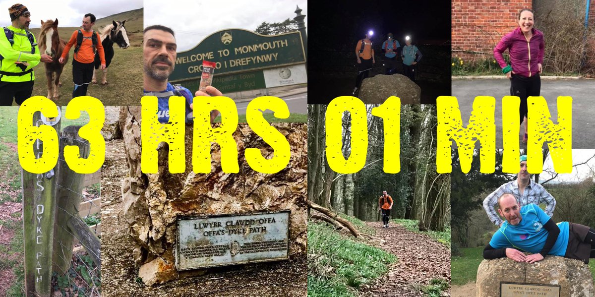 2 of the 4 runners we've been supporting (Nia Albiston &amp; Gordon Hughes) completed the Offa's Dyke Path challenge to record a time of 63 hrs 1 min - beating the Fastest Known Time by 1 hr 9 mins! The 2 others in the team suffered injuries but supported their teammates to the end!