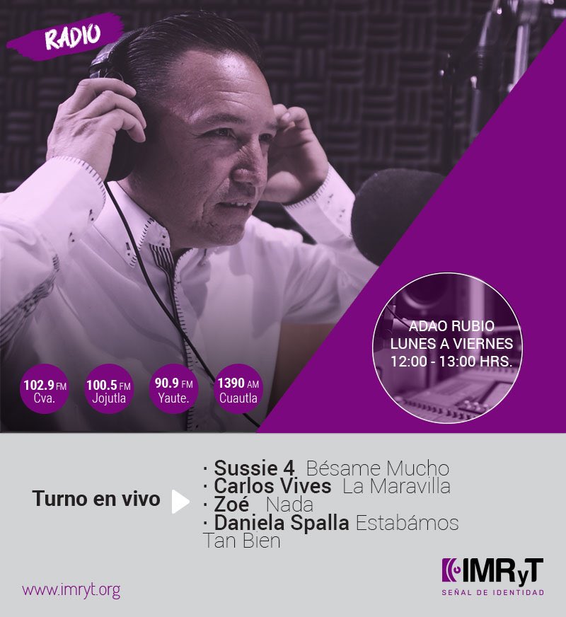 #AlAire 🎙| Ya suena el #TurnoEnVivo de @CarlosAdaoRubio por las frecuencias de @Radio_Morelos 

🌐imryt.org #FelizLunes #RadioPública #MediosPúblicos