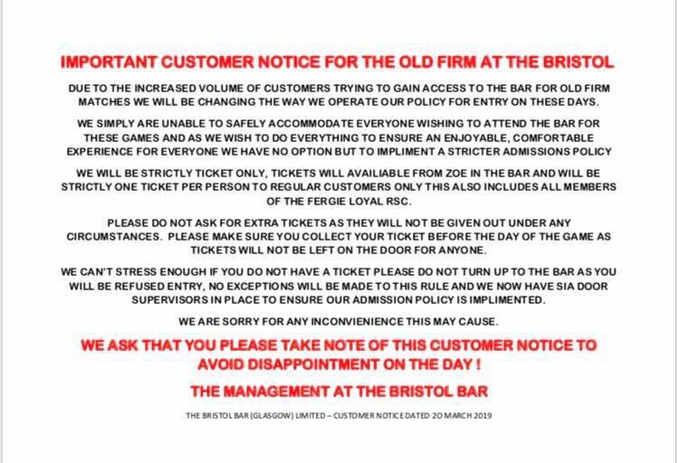 ‼️OLD FIRM ‼️ CUSTOMER NOTICE ‼️

We cannot stress enough, if you do not have a ticket please do not turn up at the bar as you will be refused entry