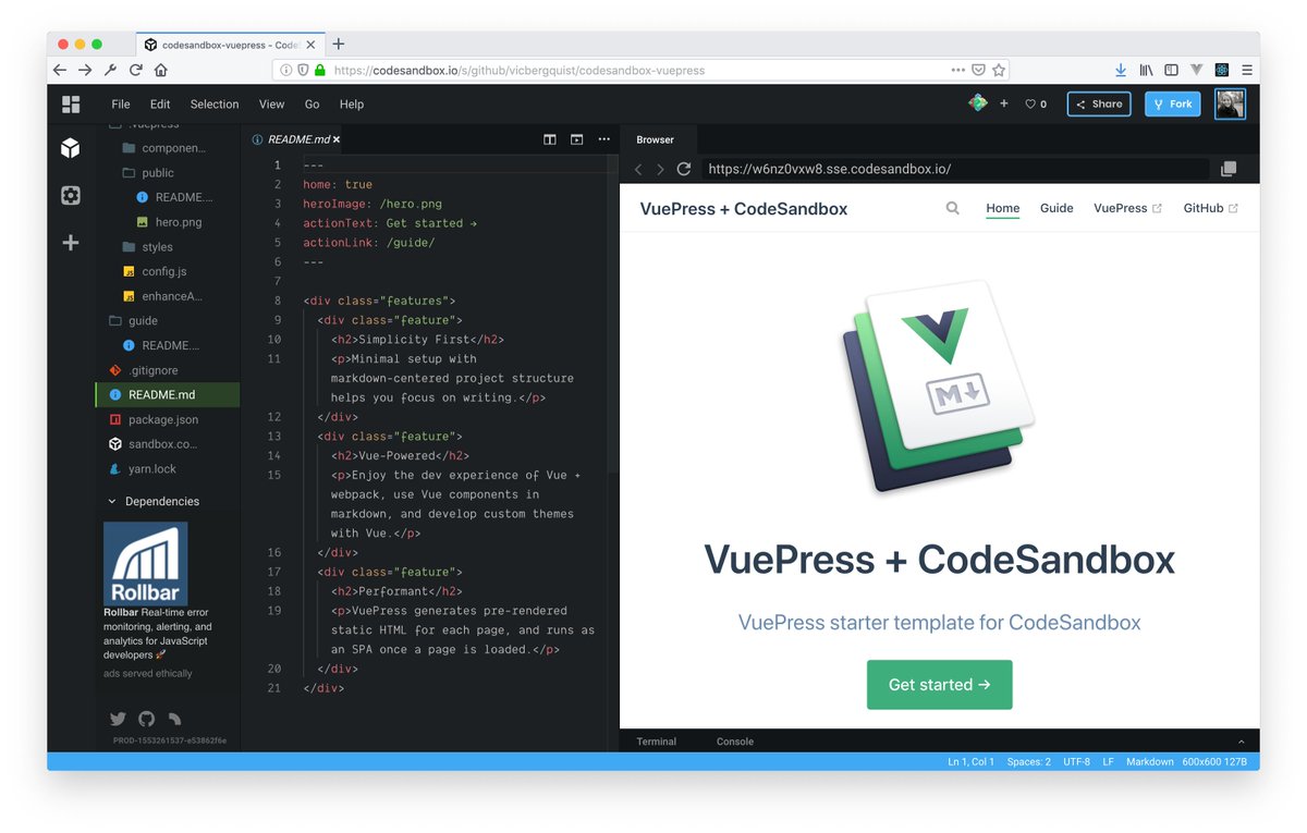 vicbergquist's tweet image. Oh hello there handsome! It works!! Soon you can try it too 😃 #vuepress #codesandbox #vuejs