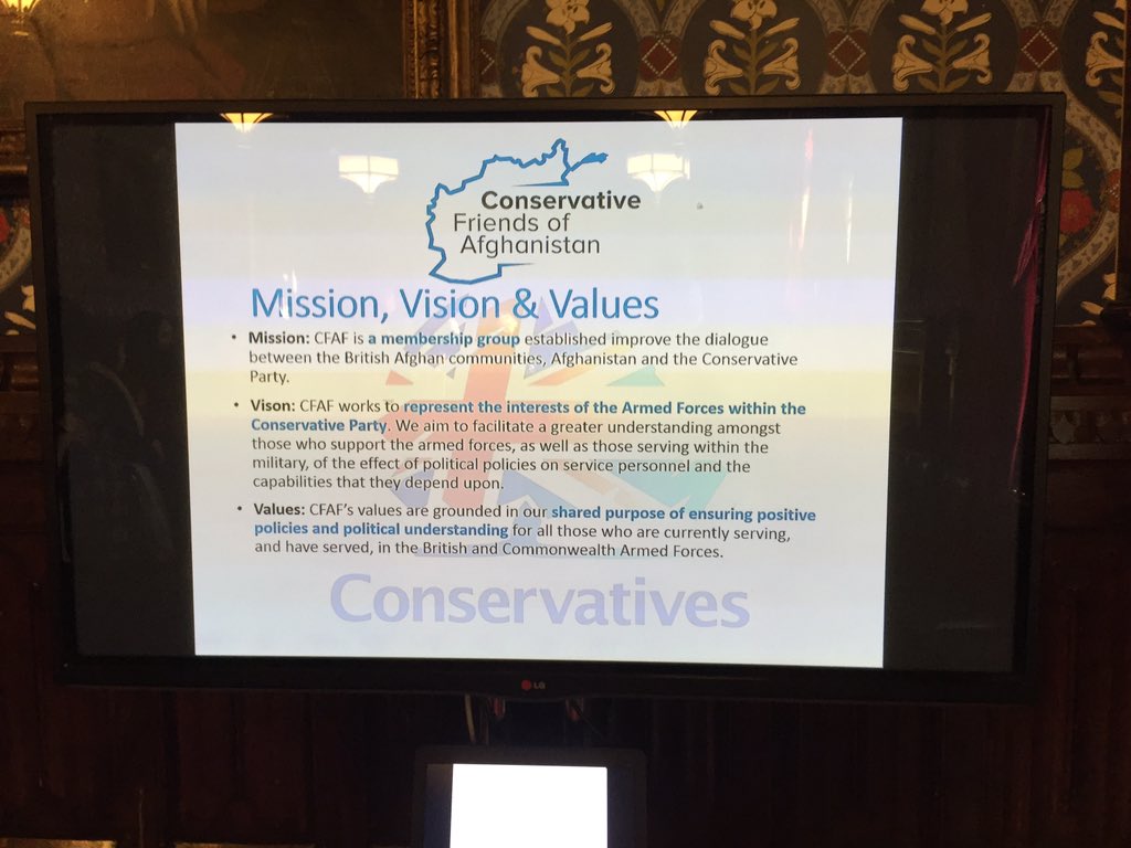 arbrown_town's tweet photo. Huge honour to have attended launch of @CFofAfghanistan this evening. Great speeches from its founder @NasimiShabnam, Sir Michael Fallon, @TomTugendhat &amp; Shabnam's father. The UK &amp; Afghan's ties are deep, as are shared values between @Conservatives &amp; Anglo-Afghan Community. https://t.co/X56nfT9FcK