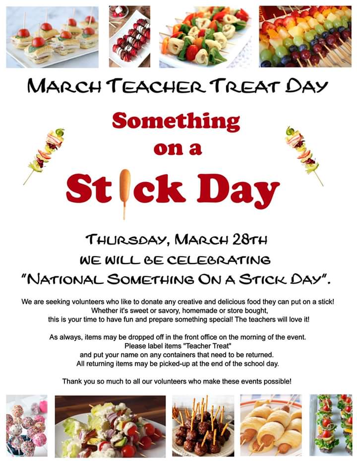DWE_PTA's tweet photo. Hello #DWEeagles Friends and Family!
March 28th we will be celebrating "National Something on a Stick Day" for our March Teacher Treat Day and we could use your help! Please see the attachment for more information! https://t.co/JBT3yO1dGl