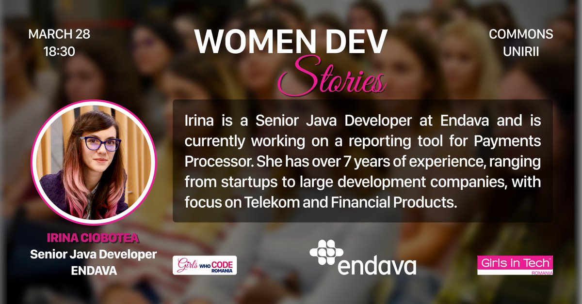 GirlsWhoCodeRO's tweet image. #Meet another of our ⭐️ special guests ⭐️ at Women Dev Stories from #Endava Romania. Irina will inspire you with her story &amp;amp; love 😍 for programming which is due to a number of summers spent with 🎮 Diablo 2, Heroes 3, and Starcraft. More details: bit.ly/2CrAldz