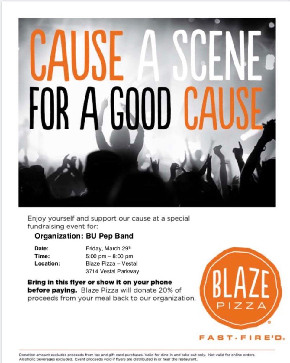 bupepband's tweet photo. 🐻🐯 Hey all! Come to Blaze Pizza this Friday, March 29th between 5:00 p.m. and 8:00 p.m. to support the pep band 💚✅ https://t.co/JPU5urK80E