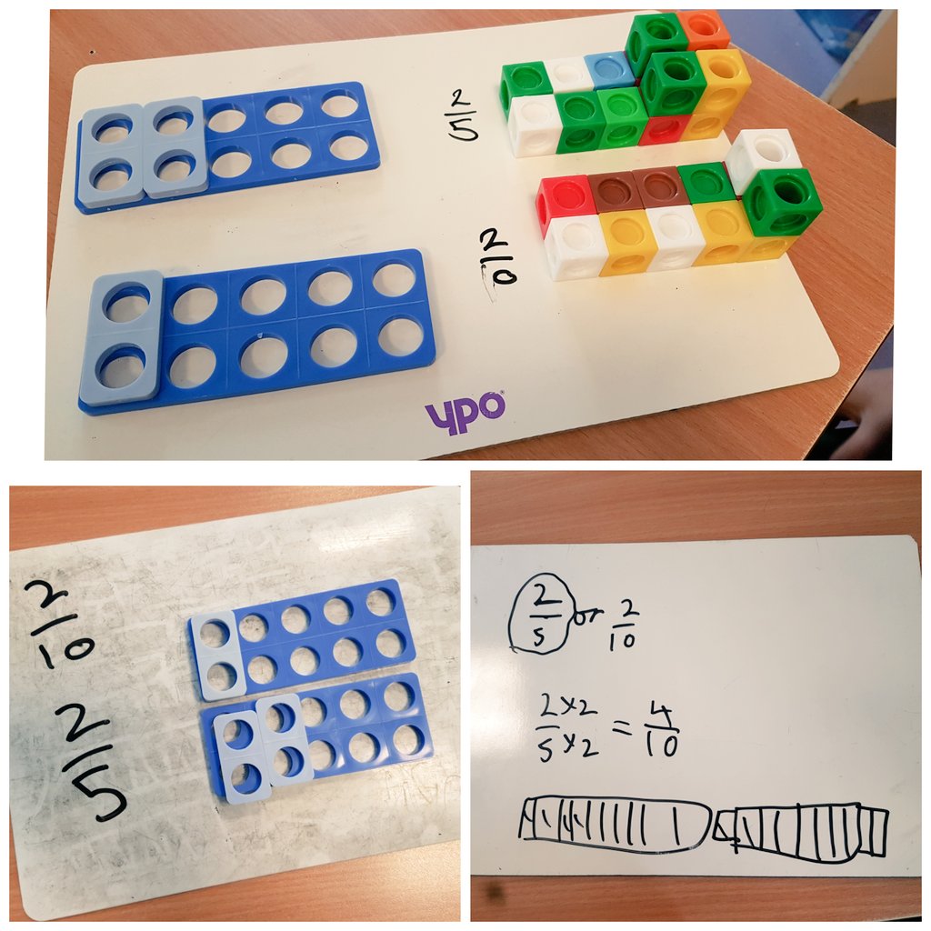 MissDlln's tweet photo. Fraction fun in year 4! Which is bigger, 2/5 or 2/10? Two fractions that give the answer 1/8 when subtracted and the classic, which line is longer? @PennWoodSchool https://t.co/dRTIrdlXt7