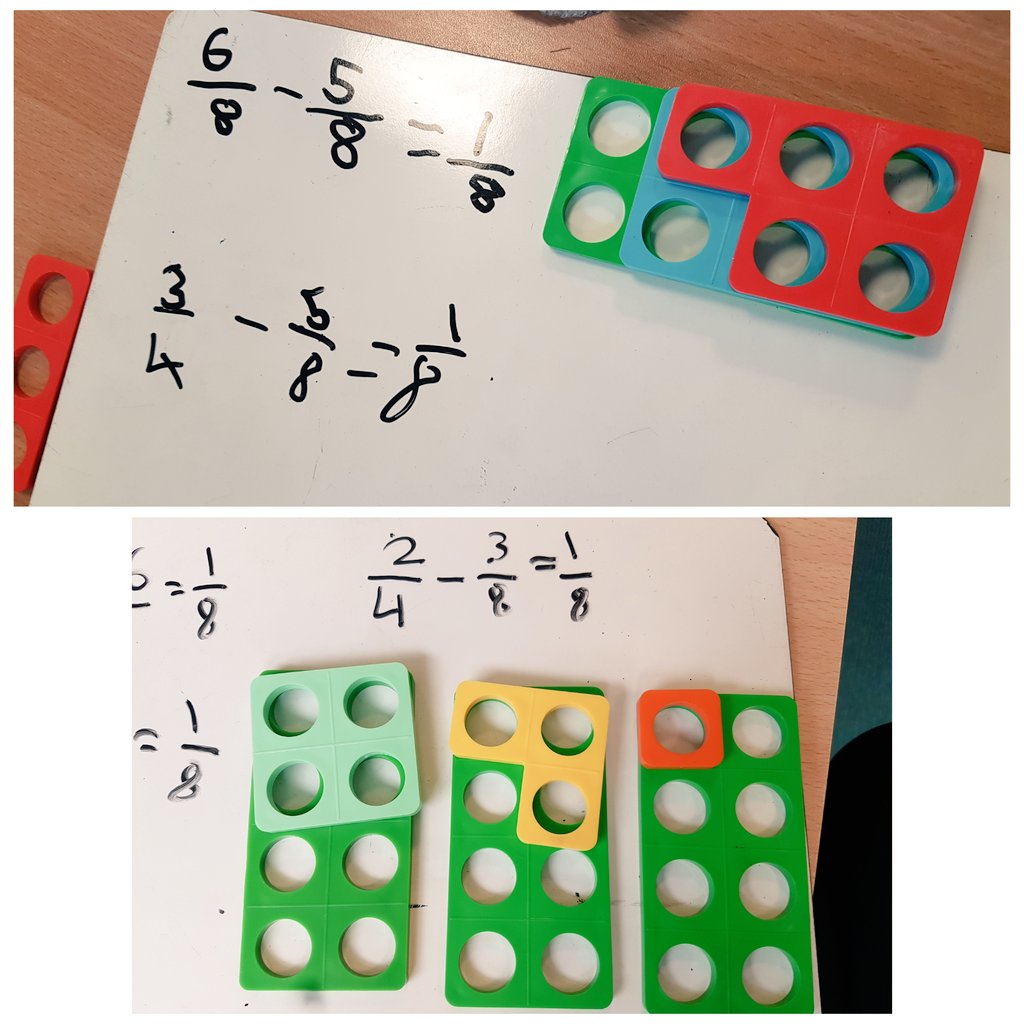 MissDlln's tweet photo. Fraction fun in year 4! Which is bigger, 2/5 or 2/10? Two fractions that give the answer 1/8 when subtracted and the classic, which line is longer? @PennWoodSchool https://t.co/dRTIrdlXt7