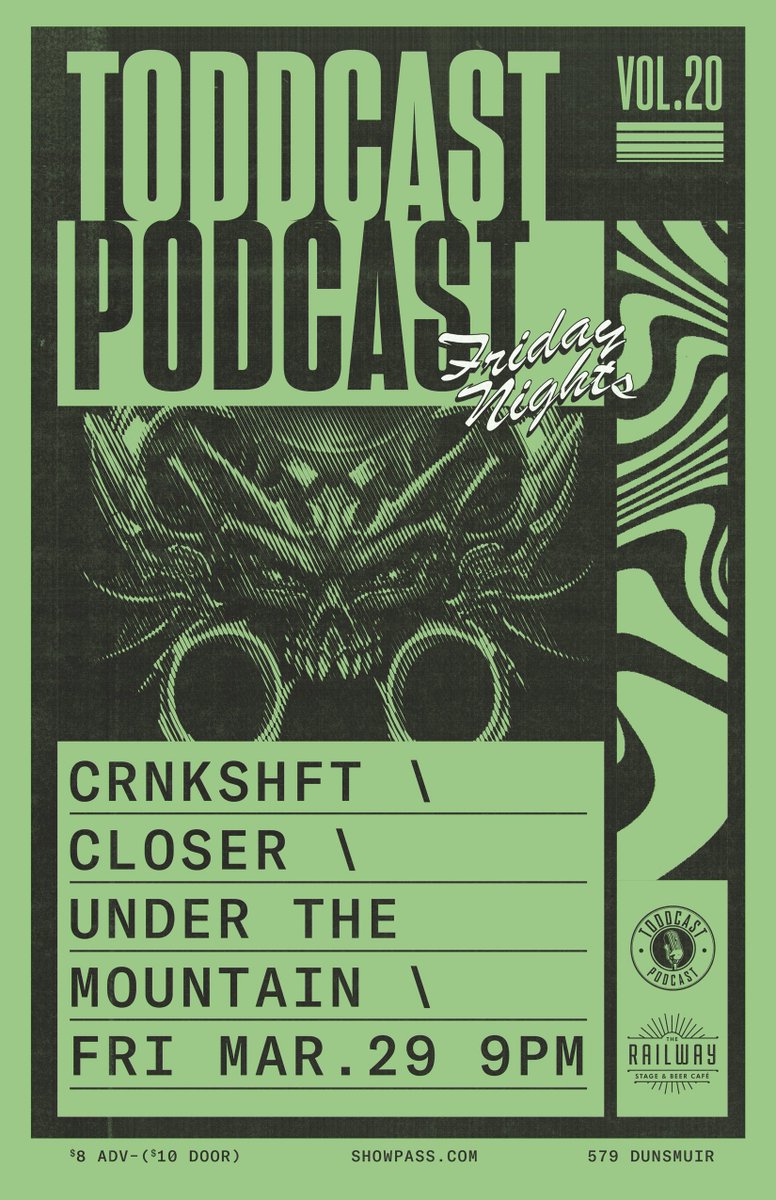 Coming out? Can't wait for #Podcast Friday Nights Vol.20 March 29 9PM <a href="/railwaySBC/">Railway Beer Café</a> w/ <a href="/crnkshftband/">CRNKSHFT</a> <a href="/closer_bc/">Closer</a> &amp; <a href="/UnderTMountain/">Under the Mountain</a>

ONLY $8 in advance / $10 at the door! showpass.com/crnkshft-close…