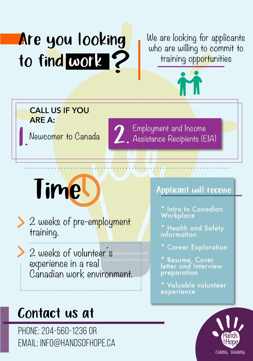 Hands of Hope is starting a FREE PRE-EMPLOYMENT PROGRAM on April 8th, 2019.
If you are a newcomer to Canada or EIA recipient and want to have experience in real Canadian workplace with a lot of valuable information, please contact info@handsofhope.ca or 204-9522511