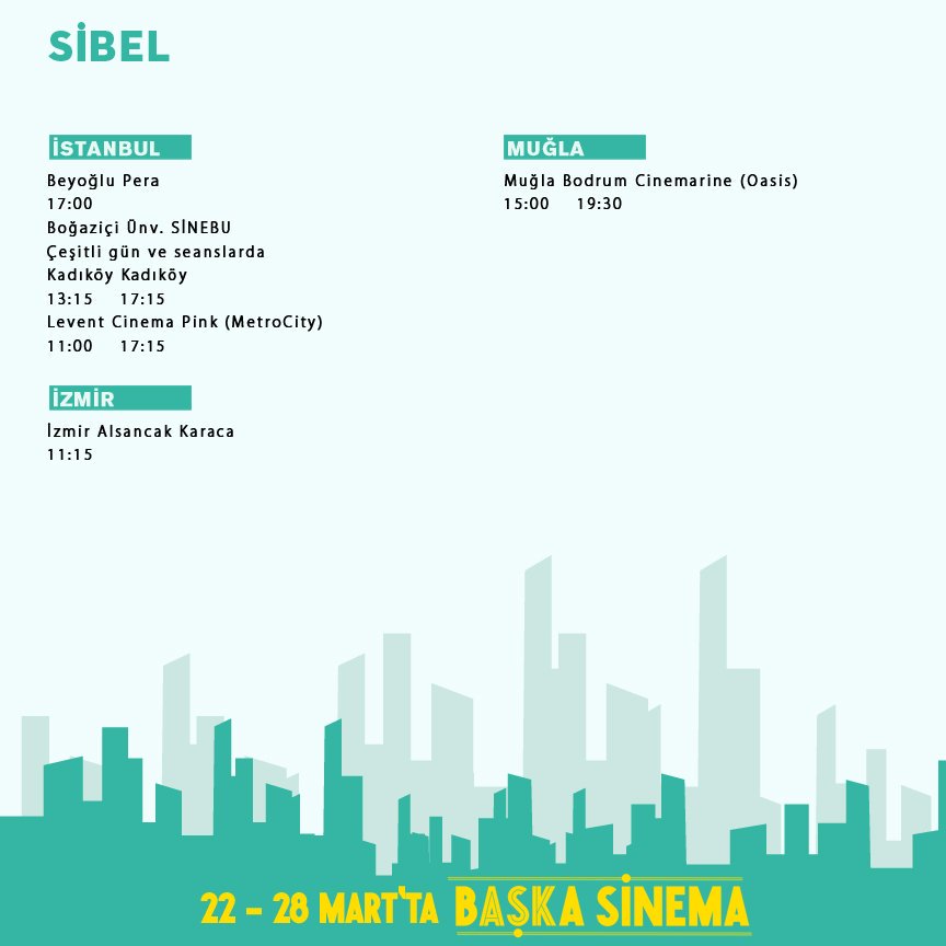 SibelFilm's tweet photo. 22-28 Mart haftası #SibelFilm gösterimleri. #DamlaSönmez #özgürlükcesaretister #SusPayı #İstanbul #İzmir #Muğla #Kars https://t.co/kj6GIS2ZTp