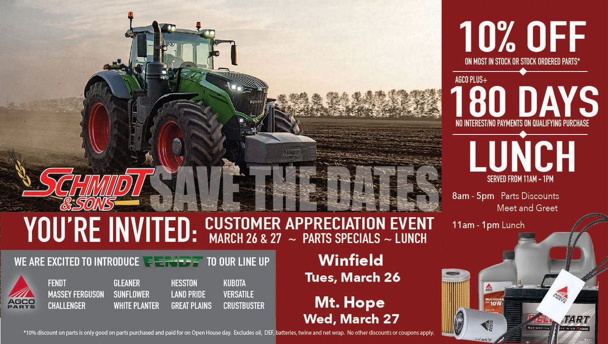 Join us for our annual Customer Appreciation Days Tues March 26th at Winfield and Wed March 27th at Mt. Hope.  Hope to see you there.