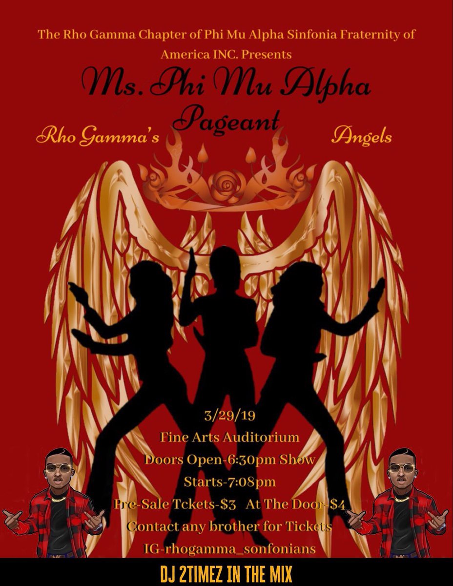 _LeXXXandria's tweet photo. Has anyone seen 👀Rho Gamma’s Angels 👯‍♀️  ? Come out this FRIDAY, 3/29/19 and see who will be the next 👑Miss Phi Mu Alpha 👑 ! Presale Tickets go on sale TUESDAY, 3/26/19 https://t.co/AJD4jRwr6C