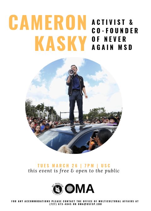 usfsp's tweet photo. Cameron Kasky, survivor of the #Parkland shooting and co-founder of #NeverAgainMSD and the nationwide event @MFOLParkland will give a public talk tomorrow at USFSP. He will discuss the tragedy, his life trajectory since and take questions afterwards. 7 p.m. in the USC Ballrooms. https://t.co/2rVEbHHBb6