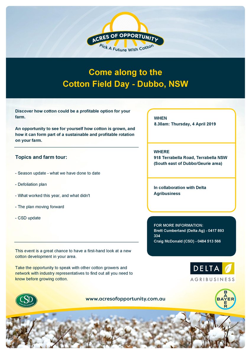 acres_of_opp's tweet photo. DUBBO: come along to a cotton field day at 918 Terrabella Road, Terrabella (south east of Dubbo/Geurie area) - 8.30am on 4 April, 2019. 

Hosted by @deltaagribus &amp; @csd_cotton,  the field day is a great chance to have a first-hand look at a new cotton development in the area. https://t.co/7sFfOH9gNq