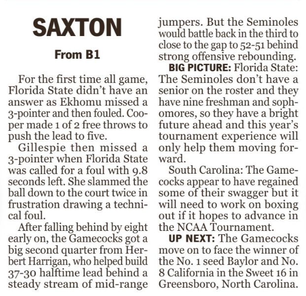 WestRomeAlumni's tweet photo. AP Story about @GamecockWBB with photo of GrandChief @vsaxton25 daughter of @1saxtonNae '91 published in the 03.25.19 @romenewstribune #GetCocky #OWNIT #VSsquad https://t.co/lLO6LqjsTa