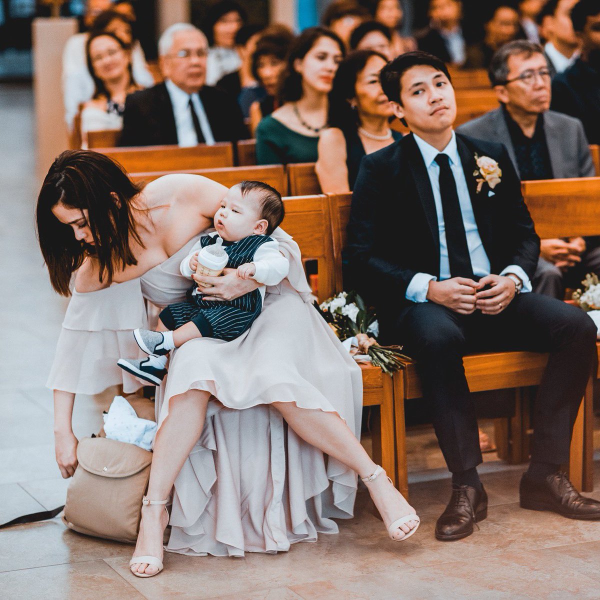 saabmagalona's tweet photo. Shout out to all parents who took their baby to a wedding and prayed sooo hard that they wouldn’t make noise 😅 It was also because of the Lord’s work that I did not fall off my seat while reaching for something in the baby bag 🙏🏻 https://t.co/03FZK7ZI0Q