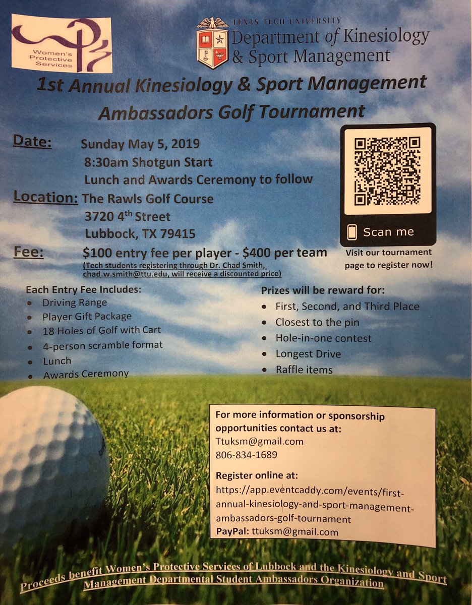 DrChadSmithTTU's tweet photo. Come join the #KSMAmbassadors for a great day of golf, a buffet lunch, &amp; lots of prizes to support Women’s Protective Services of Lubbock. Tech students/faculty/staff that register through me will receive a discounted price. So get a team &amp; join us at The Rawls Course on May 5th! https://t.co/YDf9B0hPRs