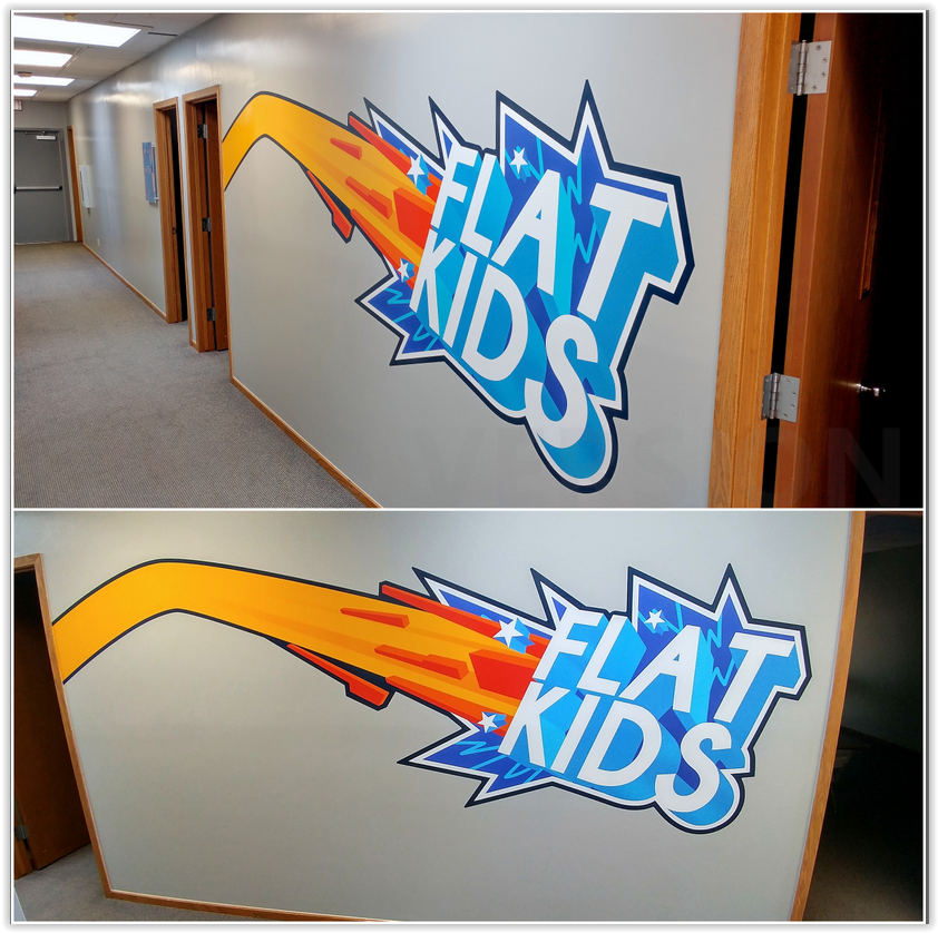 Contour cut vinyl wall graphic printed and installed on a 13' wall for Flatland Church.