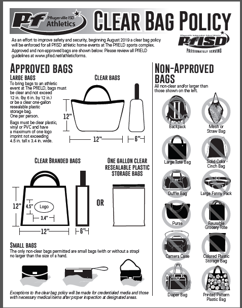PfISDAthletics's tweet image. The Pfield will begin its Clear Bag Policy starting this fall. @ConnallyFB @WeissFootball @HendricksonFB @PF_HighFootball @ThomasJonesAAS @StacyS_KVUE @ShawnC_KVUE @ATXANT10 @HawkNationHHS @pfisd @FanstandATX @LISD_AD