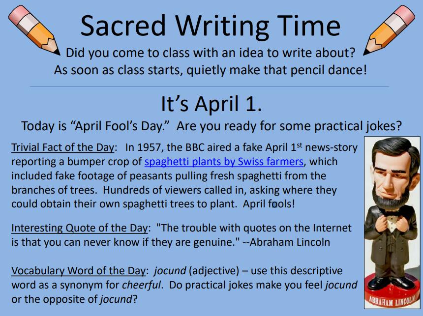 WritingFix's tweet photo. This is NOT an #AprilFoolsDay joke! Next week, try out the first week of April's Sacred Writing Time slides with your student writers: https://t.co/wHe19GbniV #AlwaysWrite #SacredWritingTime https://t.co/UBIiSjm5uO