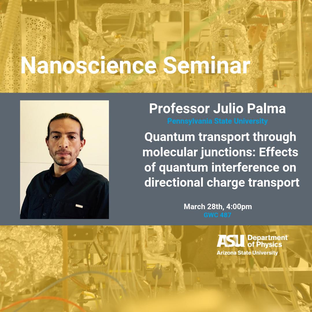 ASUPhysics's tweet photo. The study of individual molecules or chemicals at the molecular scale to perform electronic functions has become a very active research area, and has the potential to transform our technologies. #PennState #Chemistry #ASUPhysics #NanoscienceSeminar https://t.co/tIbnCE044n
