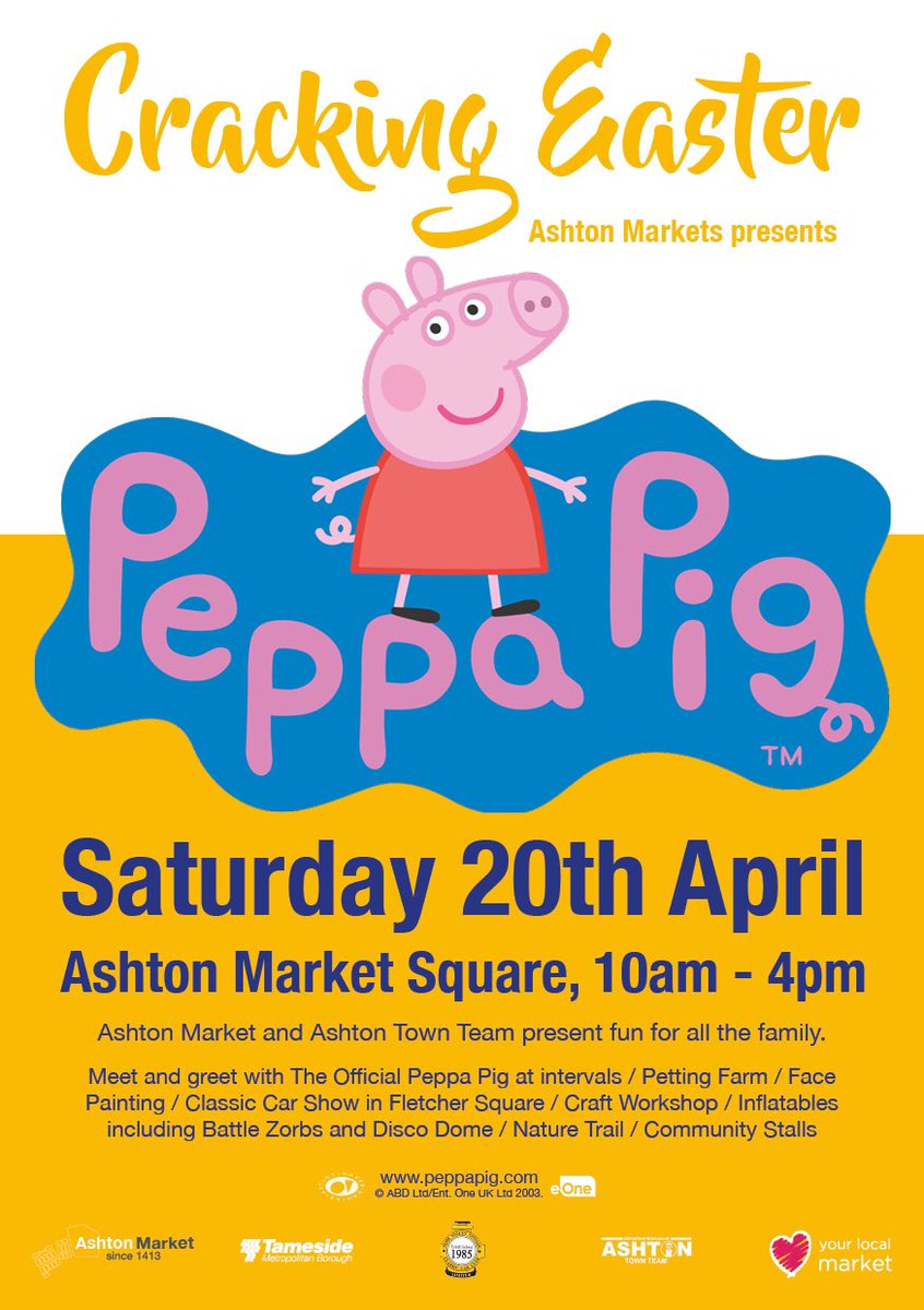 Join us at Ashton Market this Easter for a fantastic family event including the official Peppa Pig, free inflatables, A Petting Farm, egg giveaways and more.