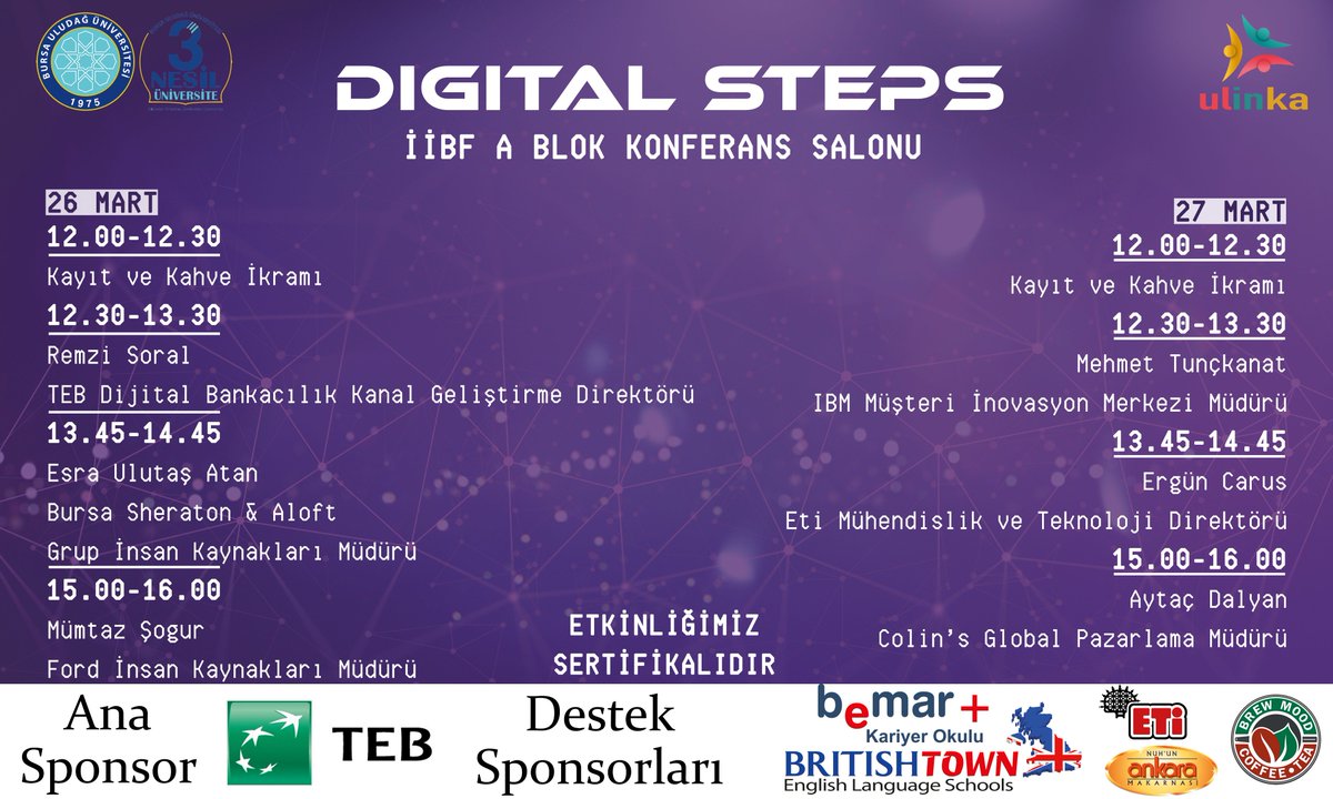 UlinkaUludag's tweet image. Ulinka olarak TEB Ana Sponsorluğunda düzenlediğimiz Digital Steps etkinliğimiz ile birlikte; dijitalleşmeye gidilen yeni düzende bilişim teknoloji alanında bilgilendirmek, farkındalık kazandırarak yenilikçi fikirleri bir noktada toplamak istiyoruz!

#DigitalSteps
#BizUlinkayız