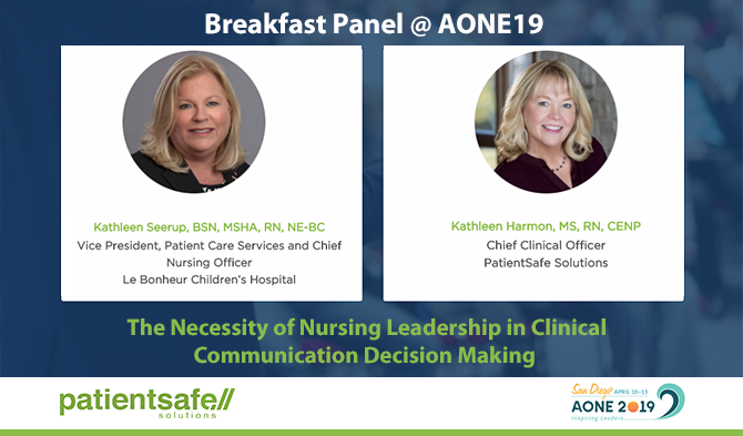 PatientSafeSoln's tweet photo. What’s your hospital's mobility strategy? Where do you start? Are you behind? Join Kathleen Seerup, CNO @LeBonheurChild and Kathleen Harmon, PSS Chief Clinical Officer over breakfast to discuss insights. Register: https://t.co/PA44usgiRu #AONE2019 #ClinicalMobility #PatientTouch https://t.co/TTykA3jdyL