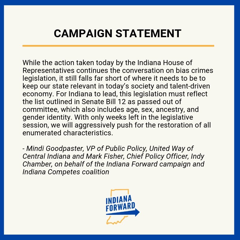IndianaForward's tweet image. Indiana needs and deserves a comprehensive bias crimes law that makes us relevant and competitive in today's society and talent-driven economy. SB 198 doesn't get us there yet, but we will continue to push for a fully inclusive bill #INLegis. @INCompetes