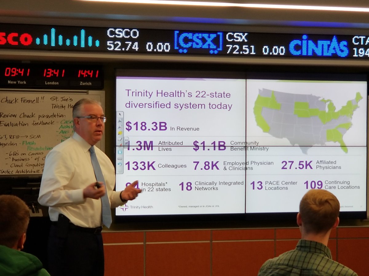 CoreLabsx0's tweet photo. Great to have Chuck Fennell Regional #CIO @TrinityHealthMI @StJosephsHealth #Syracuse #Albany #NY in #MIS455 #EnterpriseSystems @LeMoyne @MaddenSchoolLMC #ISProgram #ERP #iimplementation #lessonslearned #BigBang #HealthIS #Epic Tx, Chuck, for great insights! https://t.co/5i2RZggVXm