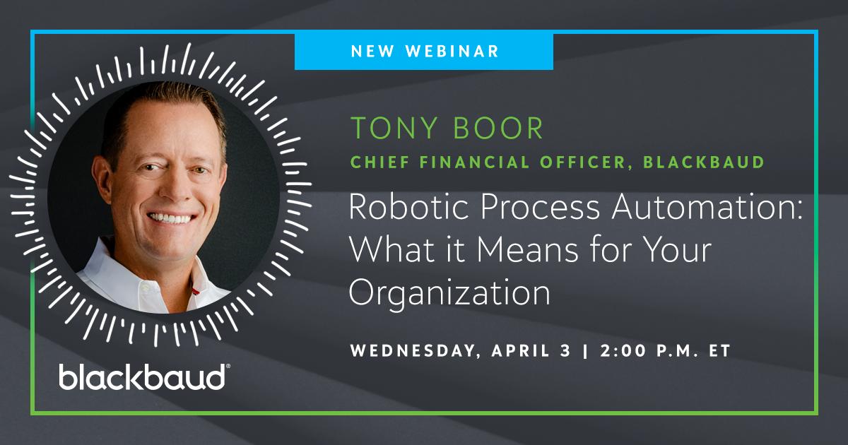 JuliaLMayer's tweet photo. Will robotic process automation change the way you work? Find out in our live webinar featuring @blackbaud CFO Tony Boor. #DigitalTransformation  
🗓️: April 3 at 2 p.m. ET  🔗: https://t.co/LmrcY1aLtU https://t.co/KejVDgThPl