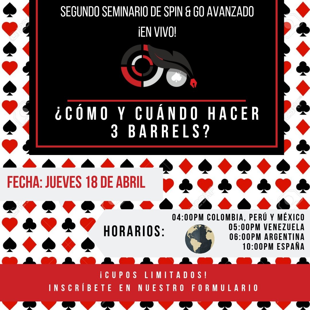 Spin_Hunters's tweet photo. ¡Hola, Cazadores! Porque ustedes lo pidieron, les traemos nuestro segundo seminario, ¿cómo y cuándo hacer 3 barrels?
Las inscripciones ya están abiertas https://t.co/BPIm49bpqP
#Poker #PokerOnline #PokerLife #Spins #SpinAndGo #SpinHunters #Cazadores #Seminario #3Barrels https://t.co/p9OizM8yGm