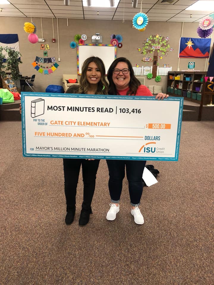 lookoutcu's tweet photo. We partnered with @cityofpocatello's Mayor Brian Blad, Marshall Public Library, and @PCSD25 for the 2019 Mayor’s Million Minute Marathon! Congratulations to our top winners-Gate City Elementary and Holy Spirit Catholic School! Thanks for your hard work, students! #isucufored https://t.co/G0NkNcN8vO