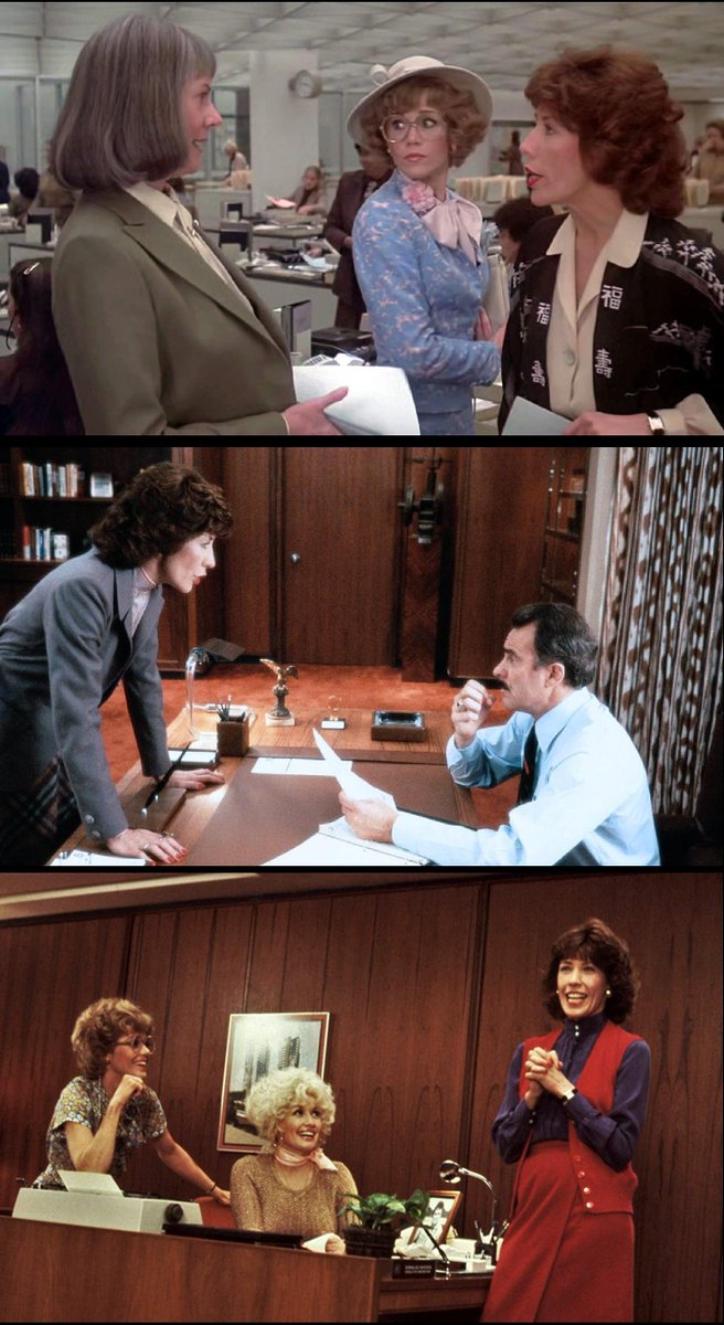 9 TO 5 (80) Trio of ladies at Consolidated in tug-of-war w/piggish boss. After wicked opening, comedy goes from satire to slapstick. Dir. Higgins builds up such good will that not even repeat jokes or messagey 3rd act brought audiences down. Tomlin's wicked wit nearly saves it.