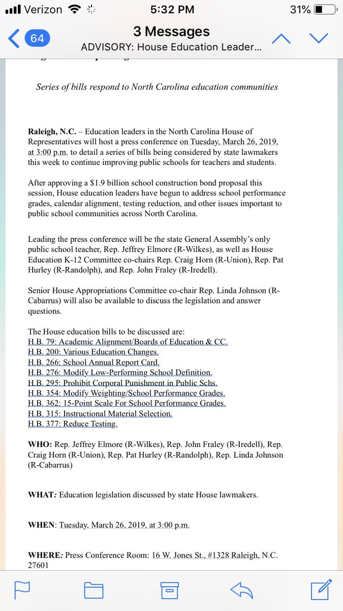 nckhui's tweet image. #NCGA House GOP may be willing to support various bills on school calendar flexibility, modifying school performance grades, reducing testing &amp;amp; banning corporal punishment in NC public schools. Press release from @NCHouseSpeaker announcing Tuesday press conference. #nced #ncpol