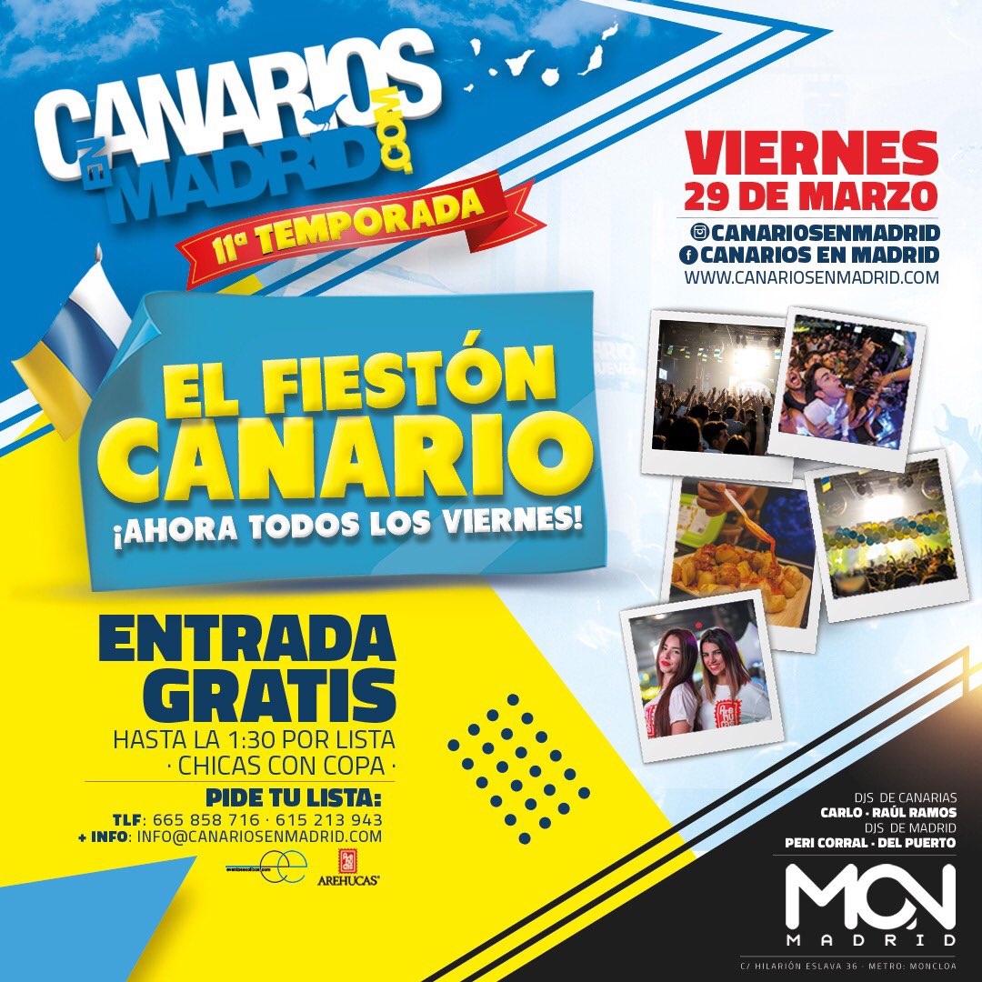 AHORA LOS VIERNES SON DE #FiestónCanario 😜🇮🇨

Tras el llenazo del 10º ANIVERSARIO, comenzamos nuestra 2ª década ahora en la #SalaMON y cada VIERNES. Pide ya tus reservados y listas GRATIS hasta 1:30 (chicAs con copa) para este Viernes 29 al:
665 858 716 😍🇮🇨