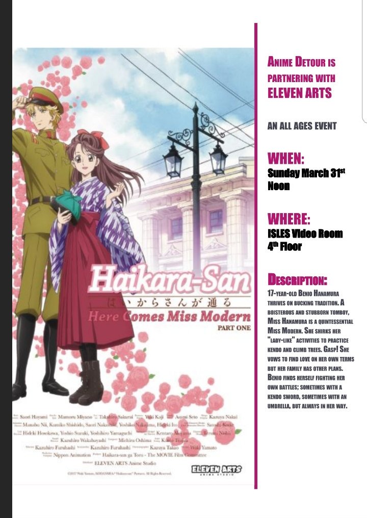 animedetour's tweet photo. Hey romance anime fans! Anime Detour is partnering with @ELEVEN_ARTS to screen Haikara-San: Here Comes Miss Modern Part 1 & 2
#animedetour #ad19 #con2019 #Haikarasan https://t.co/y6fOsKuGyN