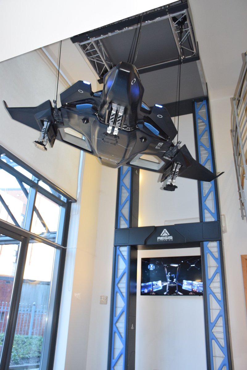 JRDesFab's tweet photo. Check out the CIG Wilmslow Reception Install. We took elements from the Hammerhead lift asset to bring the 2019 metal truss to 2949 and suspend the #SabreRaven in style in #StarCitizen #SCModels #CIGReception https://t.co/ltS0J4unlo