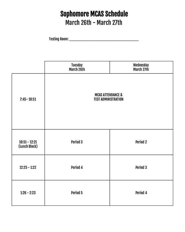 Ms_Curtin's tweet photo. hey sophomores — here’s your mcas schedule for tomorrow! don’t forget to charge your chromies and bring something non-electronic to do if you finish early. get some rest tonight! https://t.co/hZTpUHK2Qn https://t.co/wfKDlKFgQ0