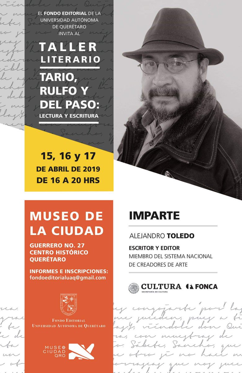 El Fondo Editorial UAQ invita al Taller que impartirá Alejandro Toledo en el <a href="/MCQRO/">Museo de la Ciudad de Querétaro</a>

#UAQLee #AlejandroToledo #TallerLiterario #Literatura